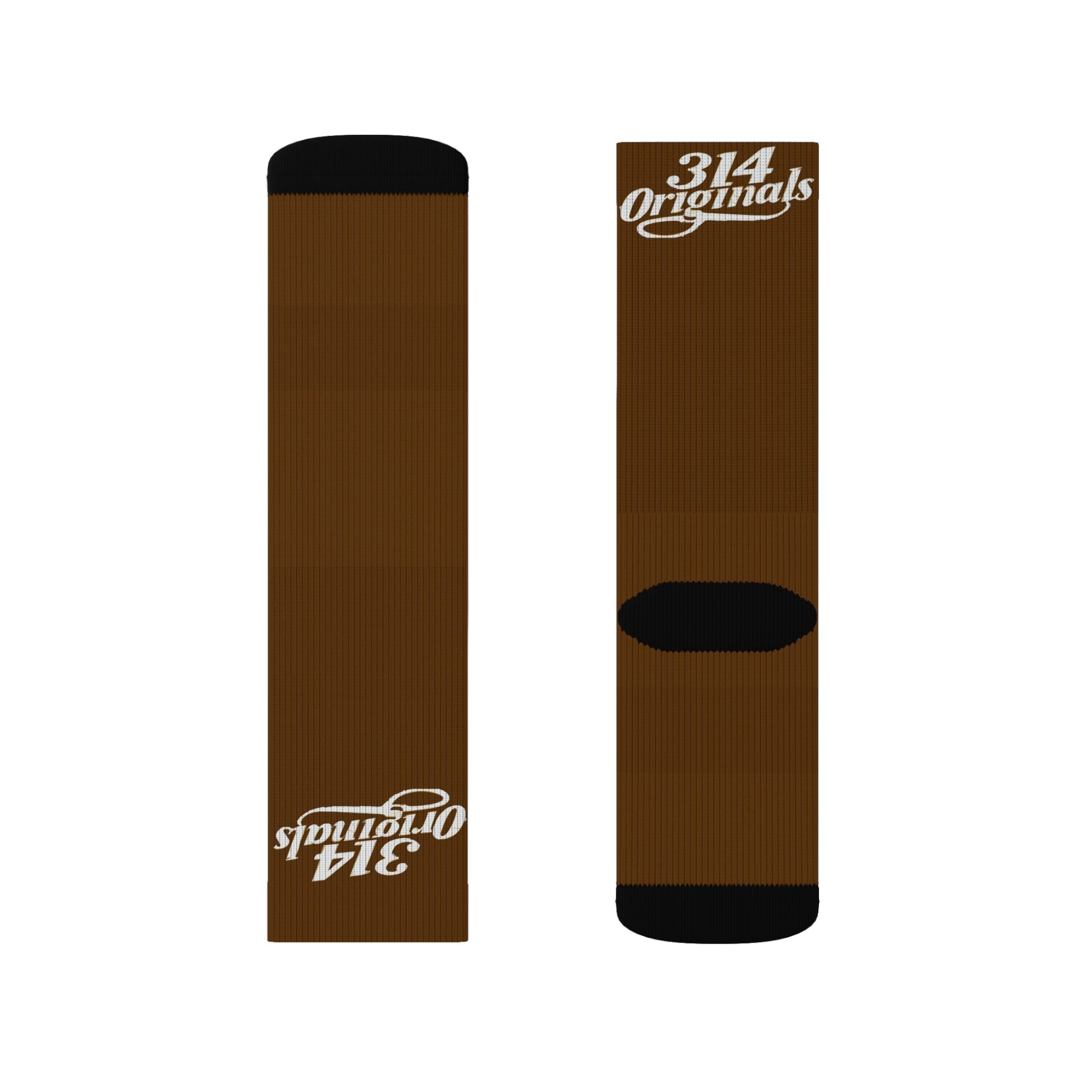 Brown Sublimation Socks with '314 Originals' Script — Athletic Crew Socks - 314 Originals