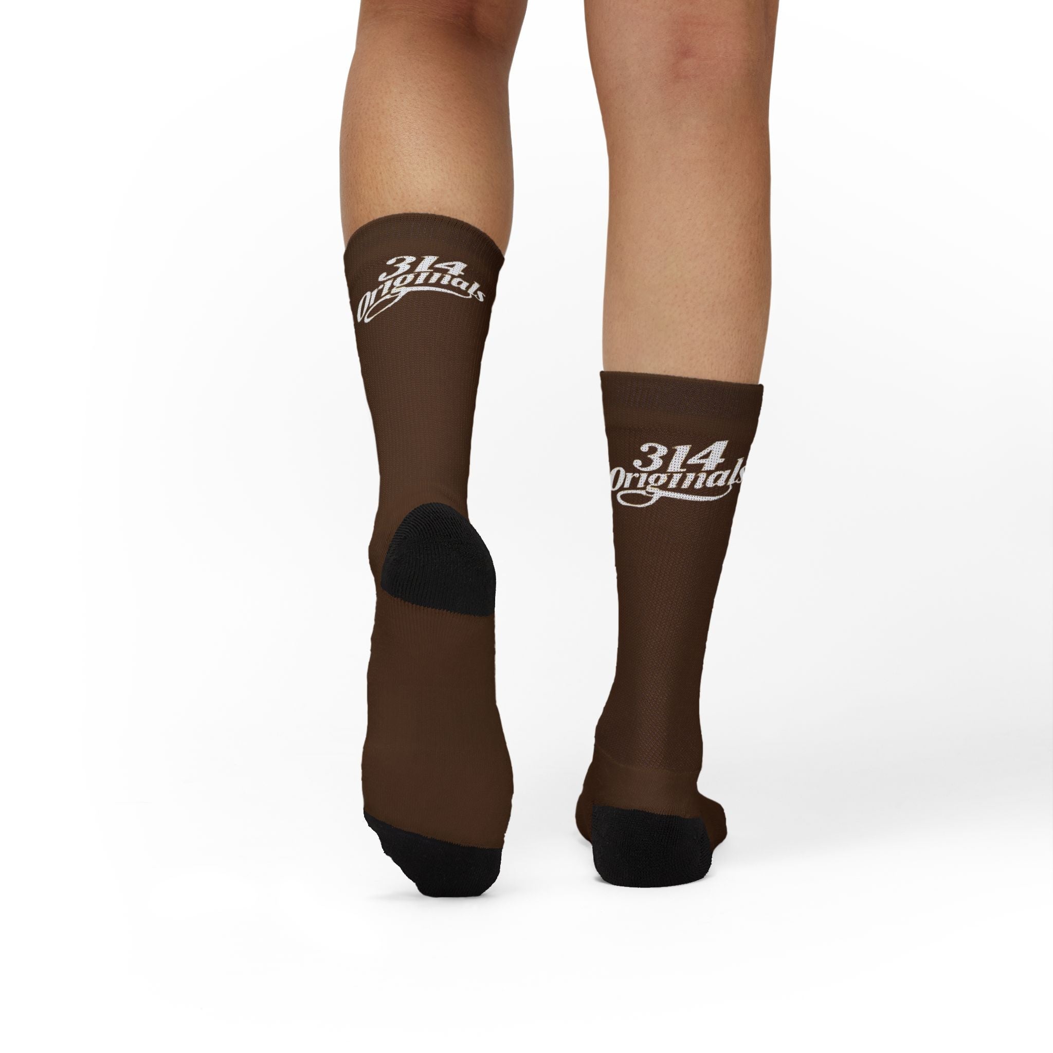 Brown Sublimation Socks with '314 Originals' Script — Athletic Crew Socks - 314 Originals