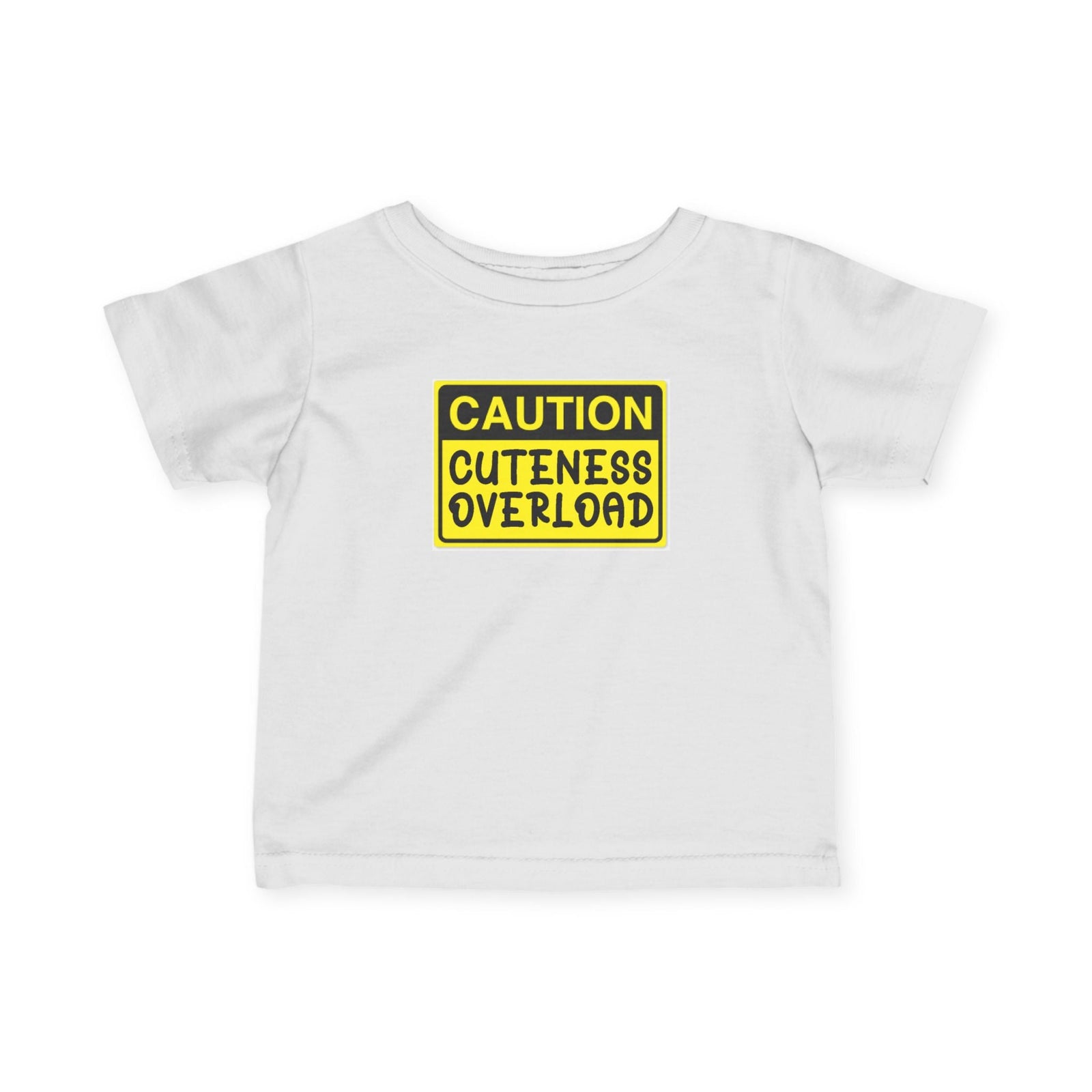"Caution: Cuteness Overload" — Baby T‑Shirt (Yellow Warning Sign) - 314 Originals