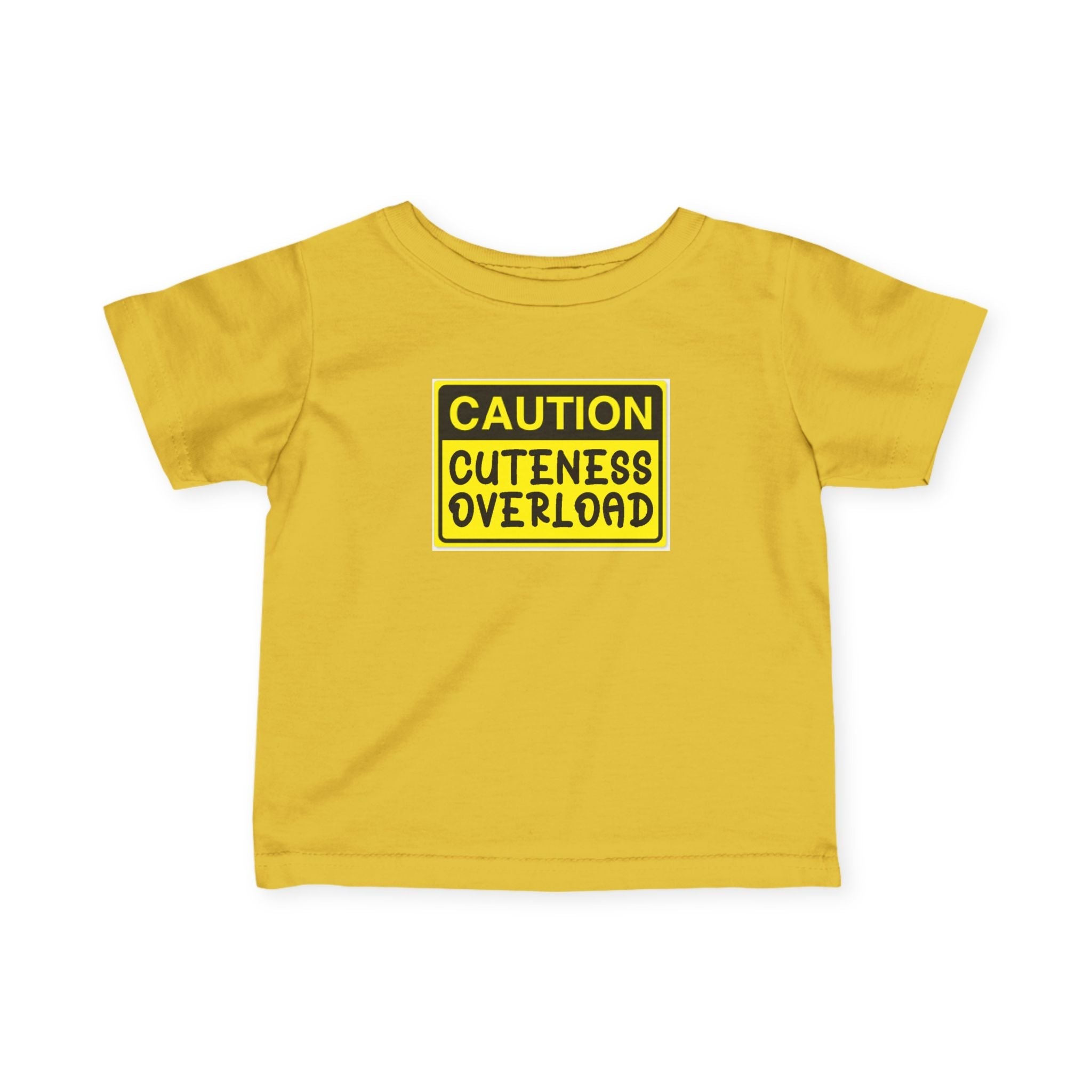 "Caution: Cuteness Overload" — Baby T‑Shirt (Yellow Warning Sign) - 314 Originals