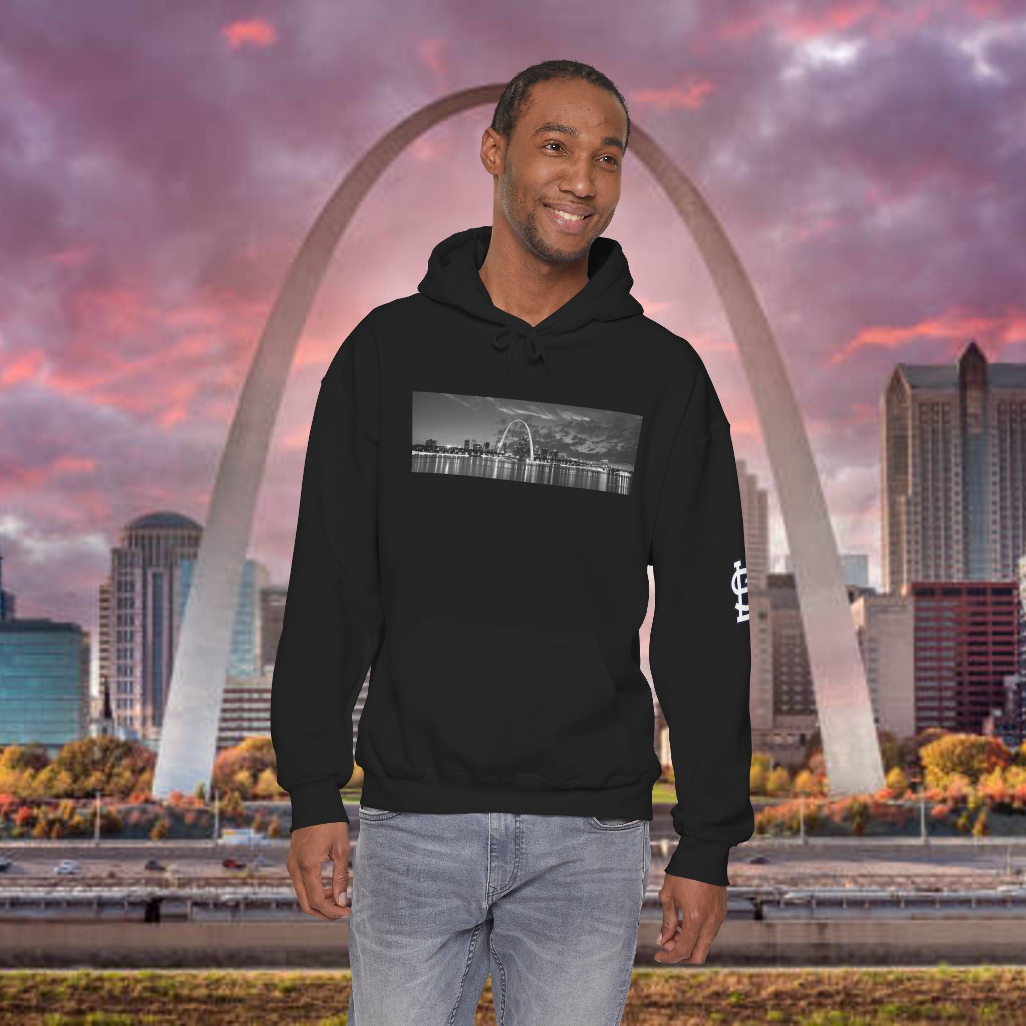 City Skyline Hoodie — Black & White Waterfront Panorama Pullover - 314 Originals