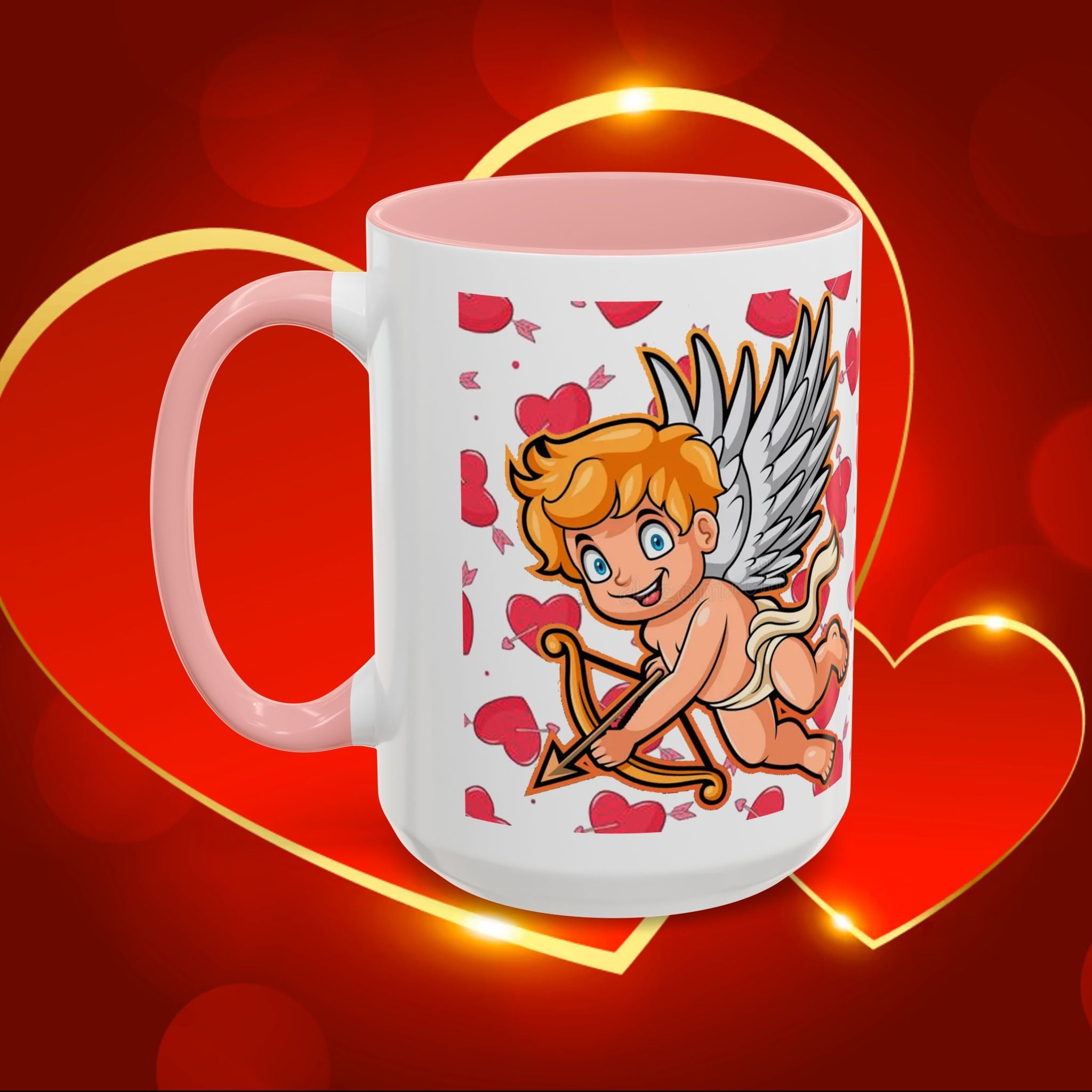 Cupid Love Coffee Mug – Pink or Red Interior, 'LOVE' Heart Design (11/15oz) - 314 Originals