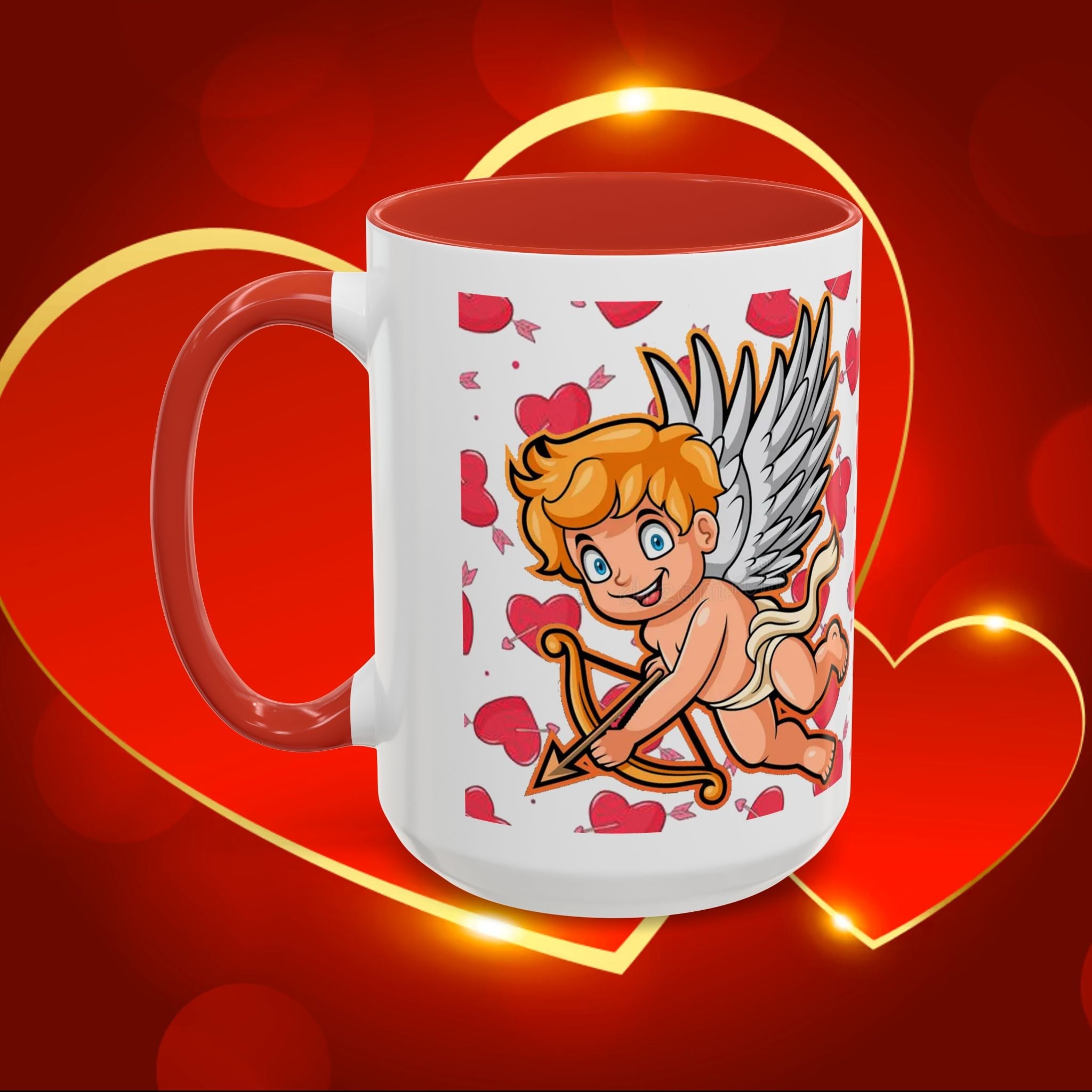 Cupid Love Coffee Mug – Pink or Red Interior, 'LOVE' Heart Design (11/15oz) - 314 Originals