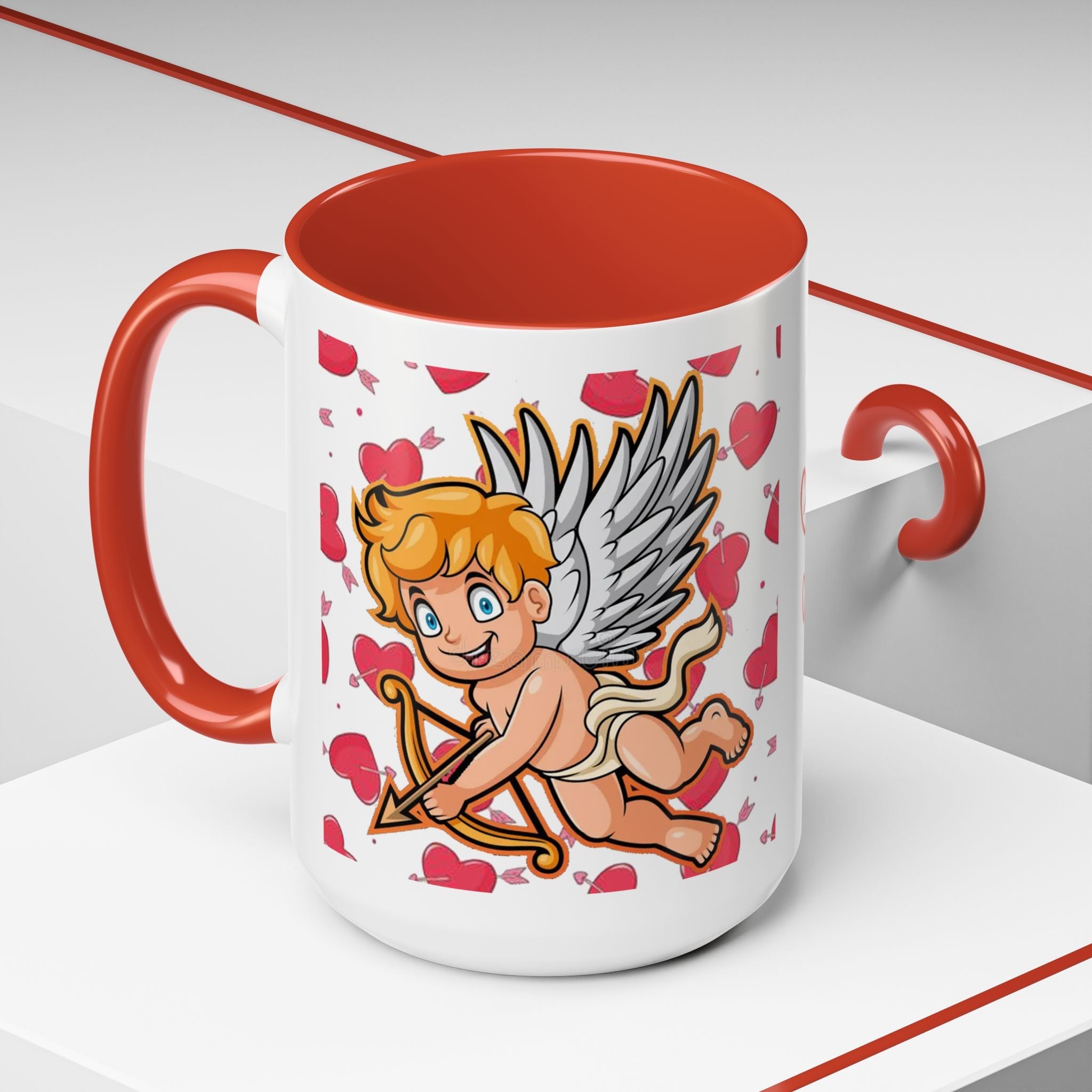 Cupid Love Coffee Mug – Pink or Red Interior, 'LOVE' Heart Design (11/15oz) - 314 Originals