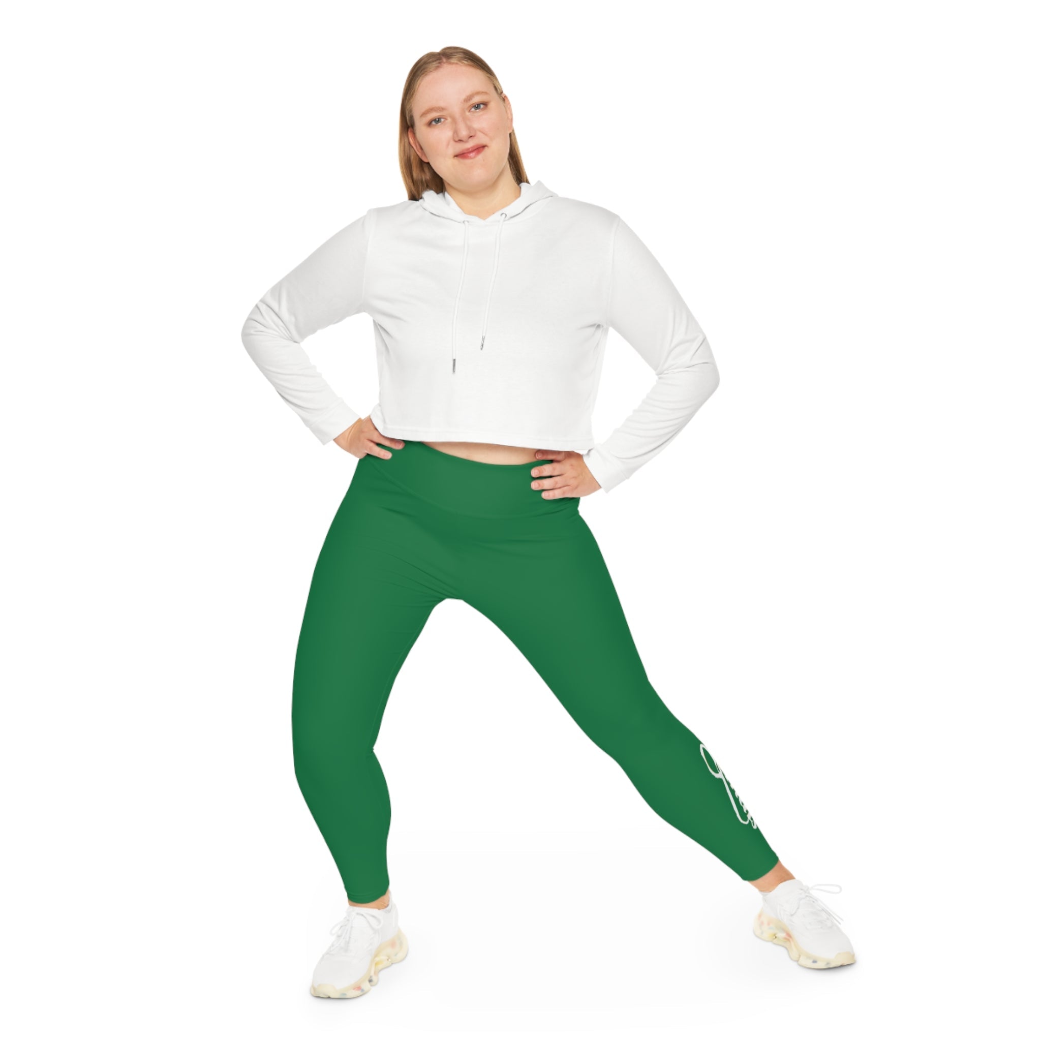 Dark Green Plus Size Leggings — Subtle Side Script Graphic, Comfortable Everyday Activewear - 314 Originals