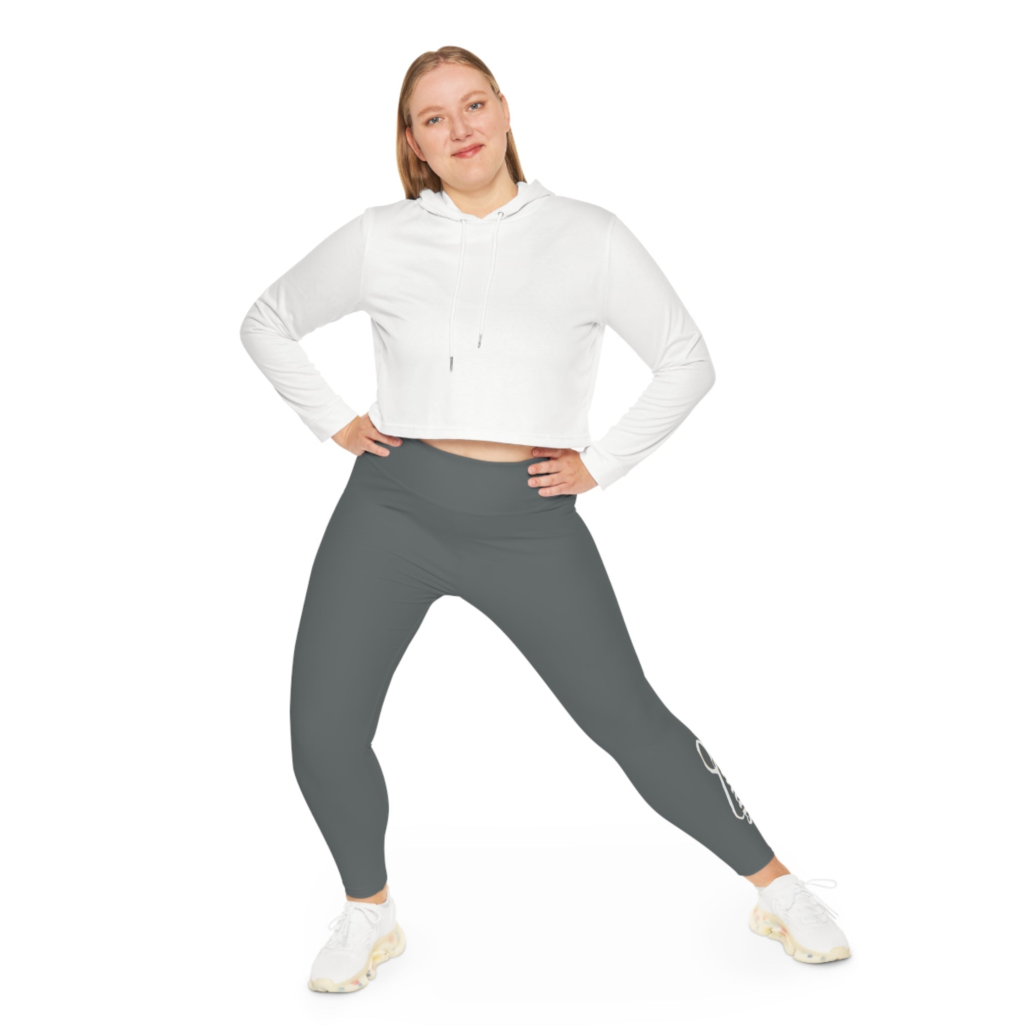 Dark Grey Plus Size Leggings — Subtle Side Script Graphic, Comfortable Everyday Activewear - 314 Originals