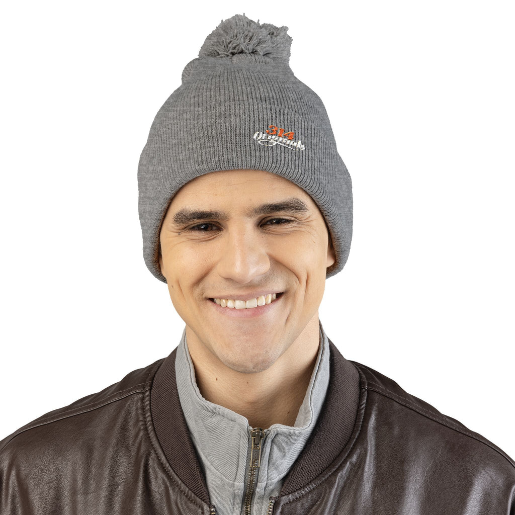 Embroidered Pom-Pom Knit Beanie – Cozy Winter Hat with Small Script Logo - 314 Originals