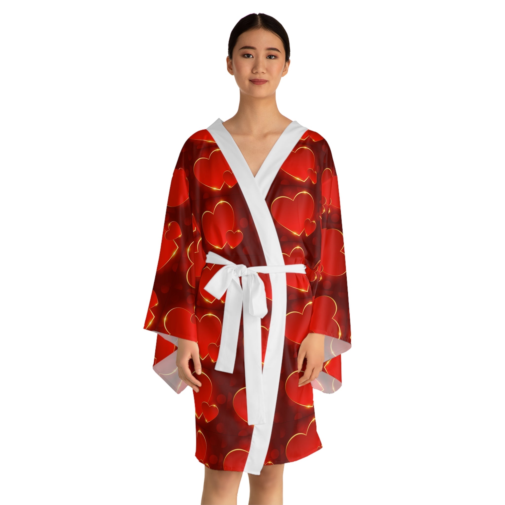 Heart Pattern Kimono Robe — Red Valentine Long Sleeve Lounge Wrap - 314 Originals