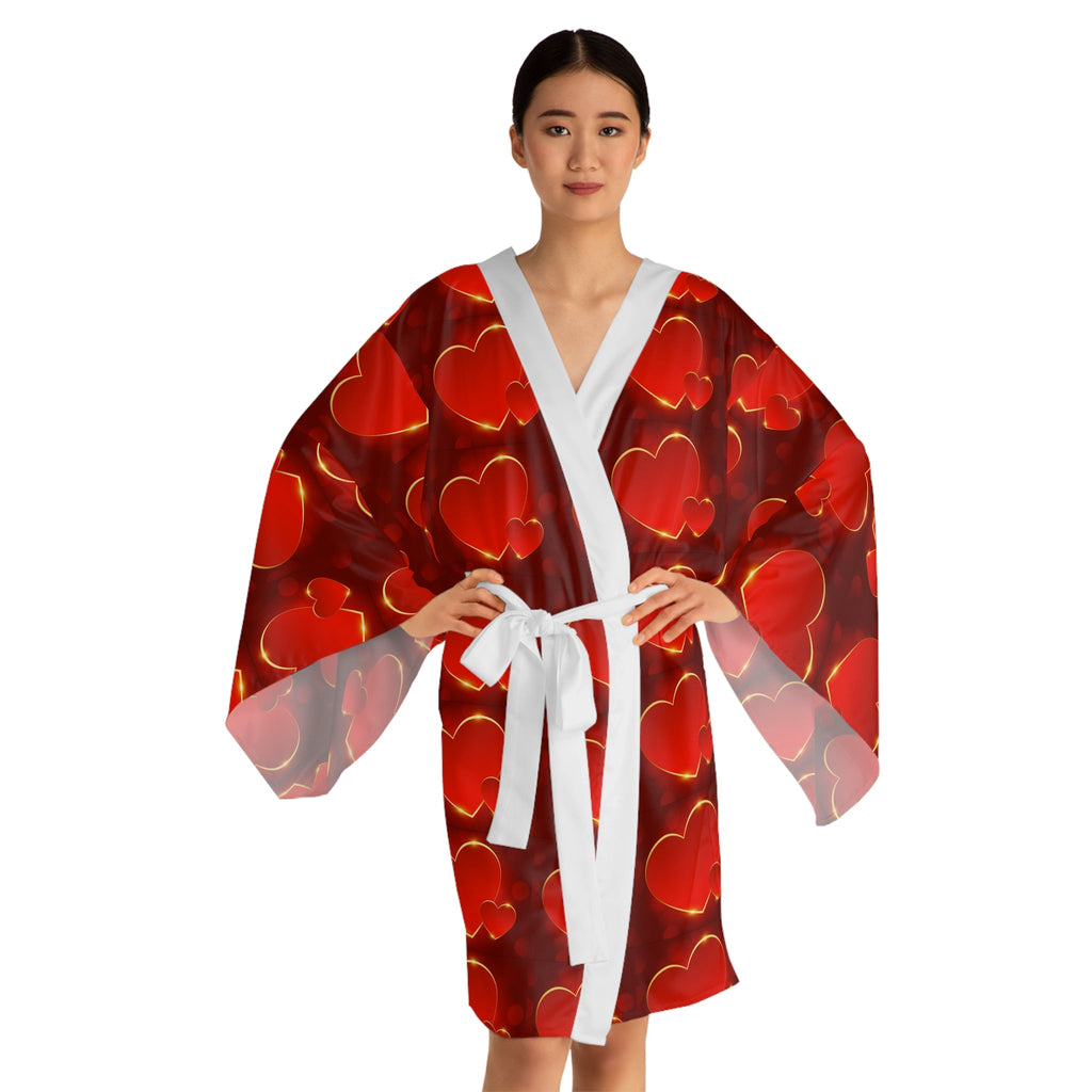 Heart Pattern Kimono Robe — Red Valentine Long Sleeve Lounge Wrap - 314 Originals