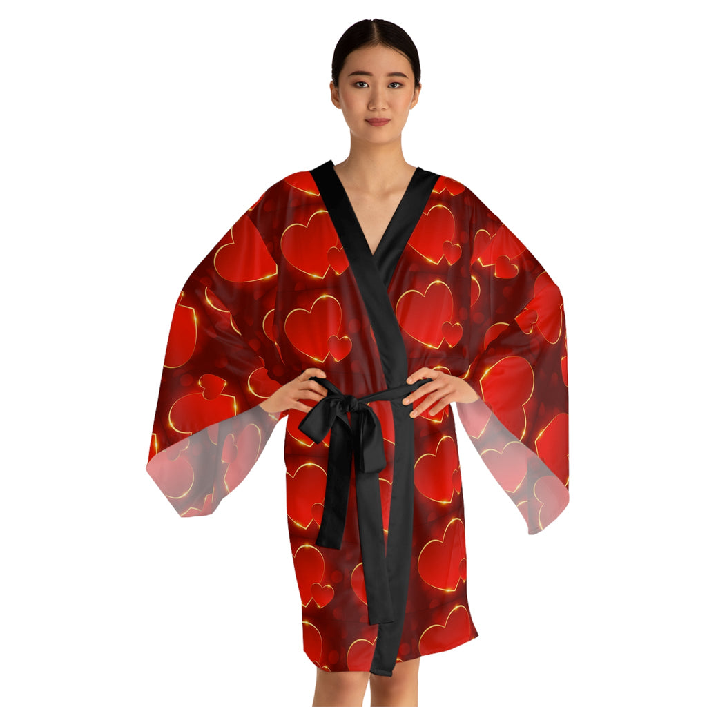 Heart Pattern Kimono Robe — Red Valentine Long Sleeve Lounge Wrap - 314 Originals