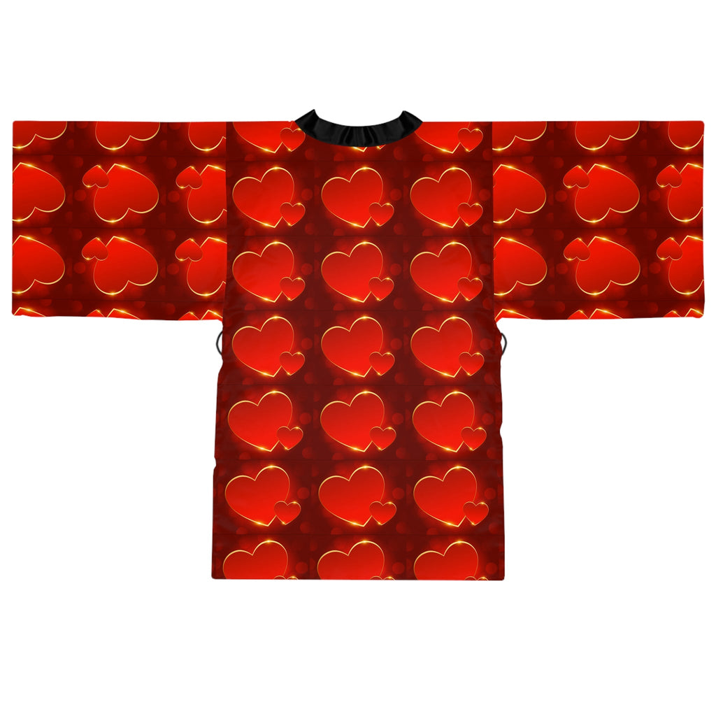 Heart Pattern Kimono Robe — Red Valentine Long Sleeve Lounge Wrap - 314 Originals