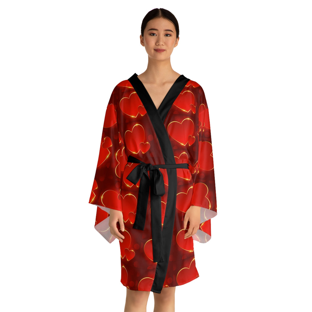 Heart Pattern Kimono Robe — Red Valentine Long Sleeve Lounge Wrap - 314 Originals