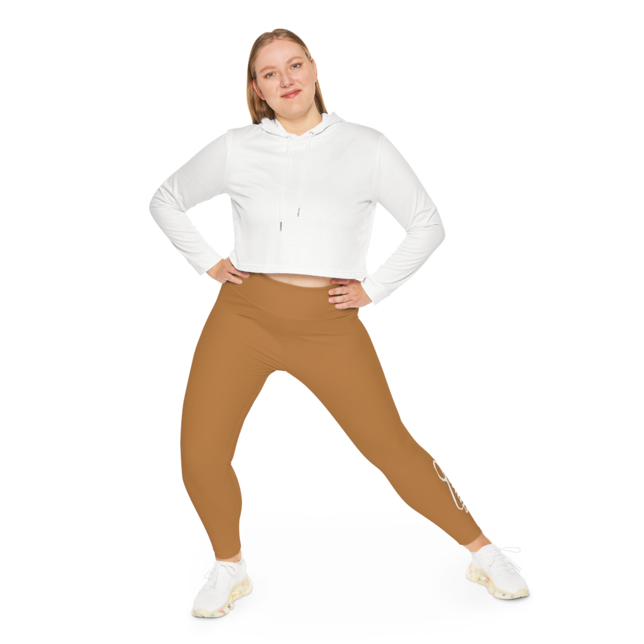 Light Brown Plus Size Leggings — Subtle Side Script Graphic, Comfortable Everyday Activewear - 314 Originals