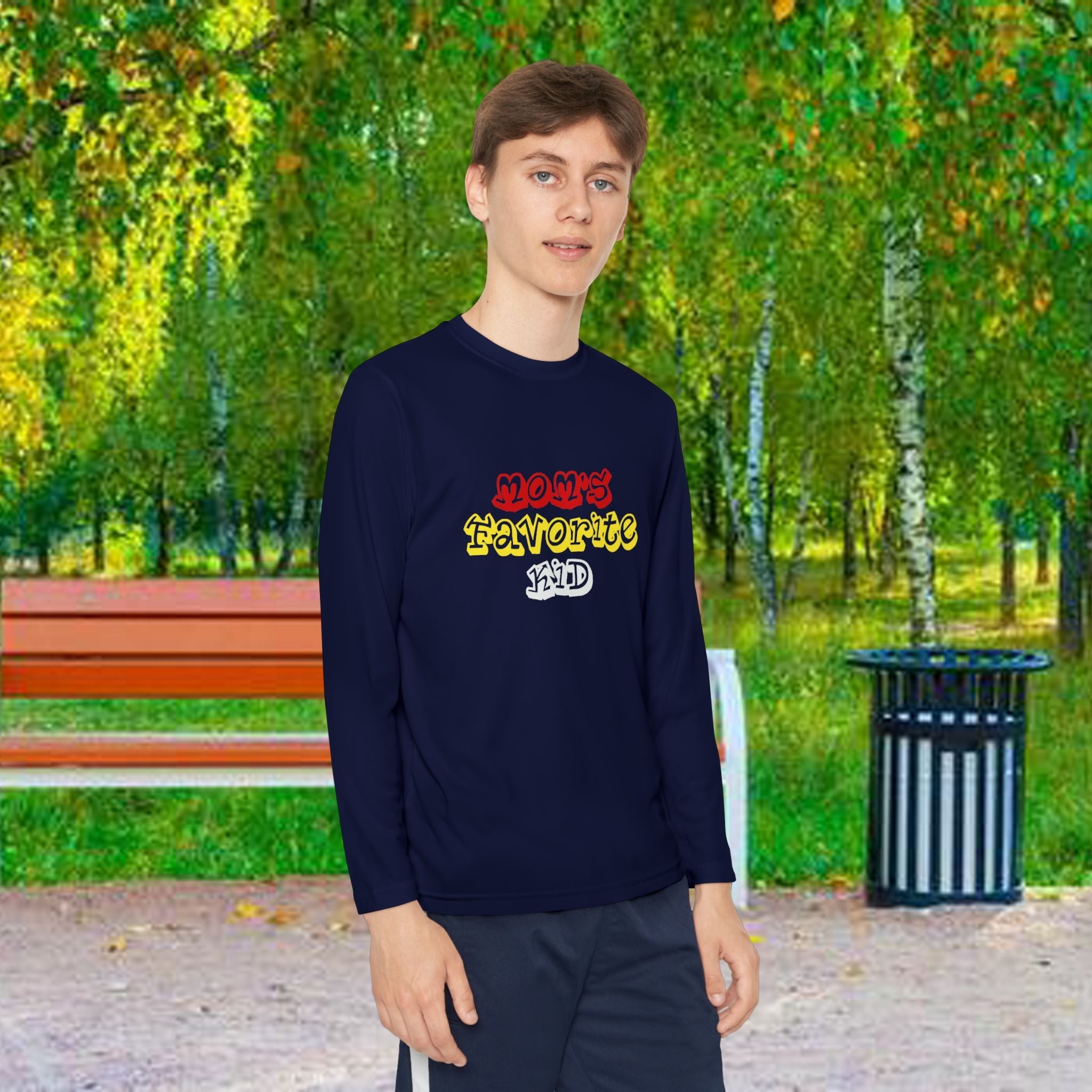 "Mom's Favorite Kid" Youth Long Sleeve Tee —Colorful Retro Design - 314 Originals