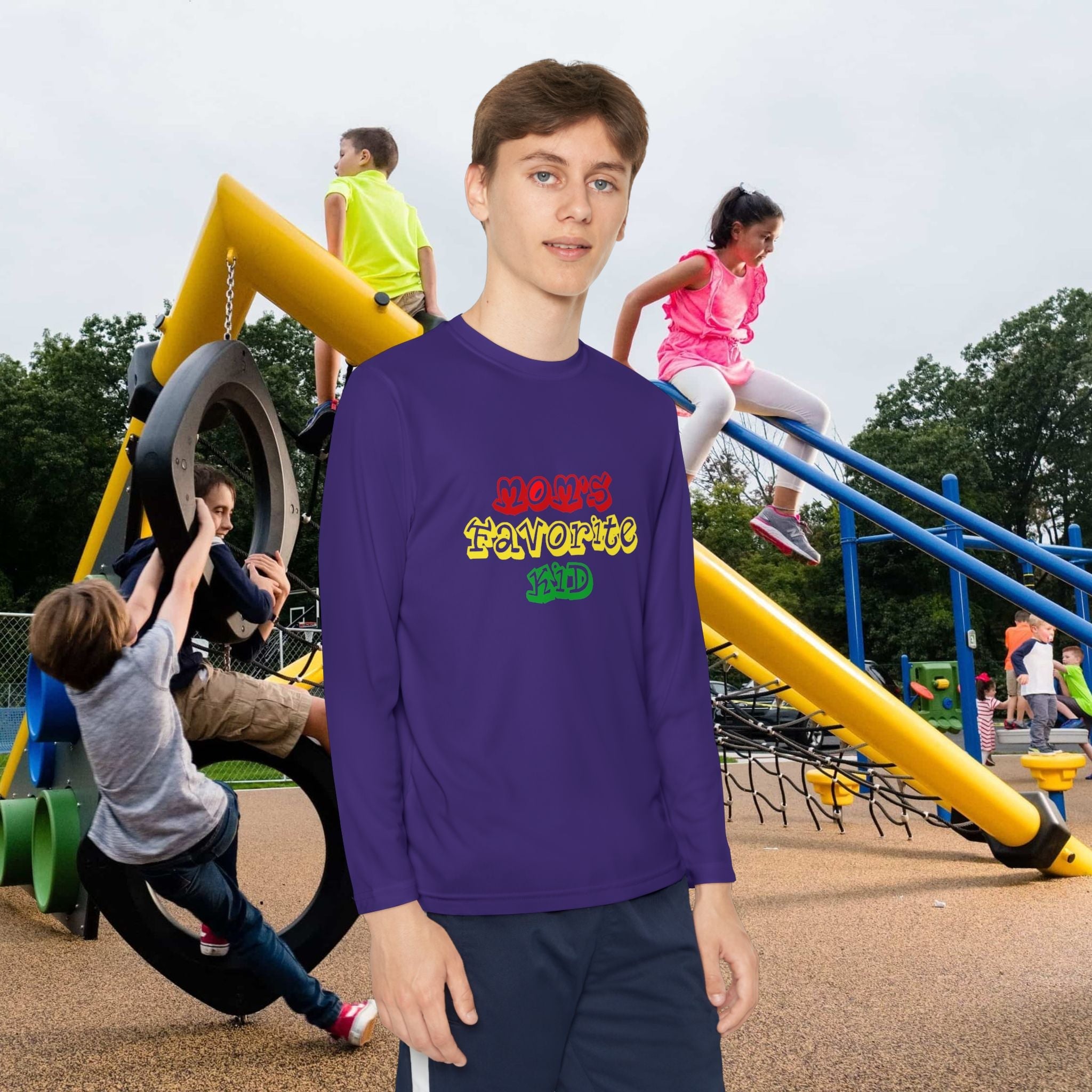 "Mom's Favorite Kid" Youth Long Sleeve Tee — Colorful Retro Graphic - 314 Originals