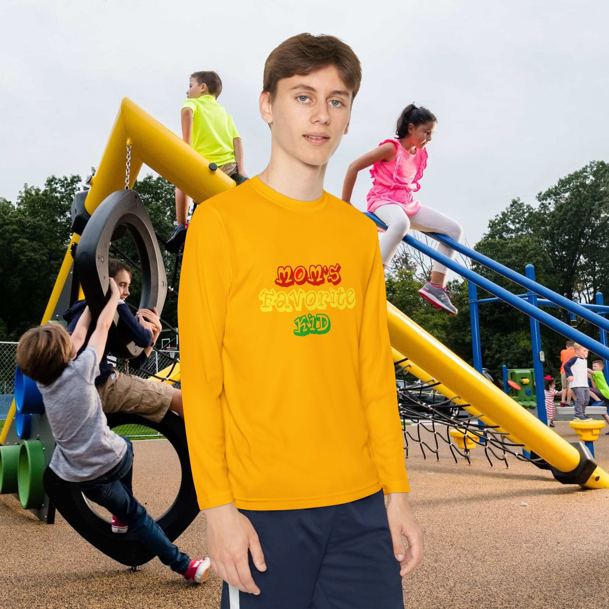 "Mom's Favorite Kid" Youth Long Sleeve Tee — Colorful Retro Graphic - 314 Originals
