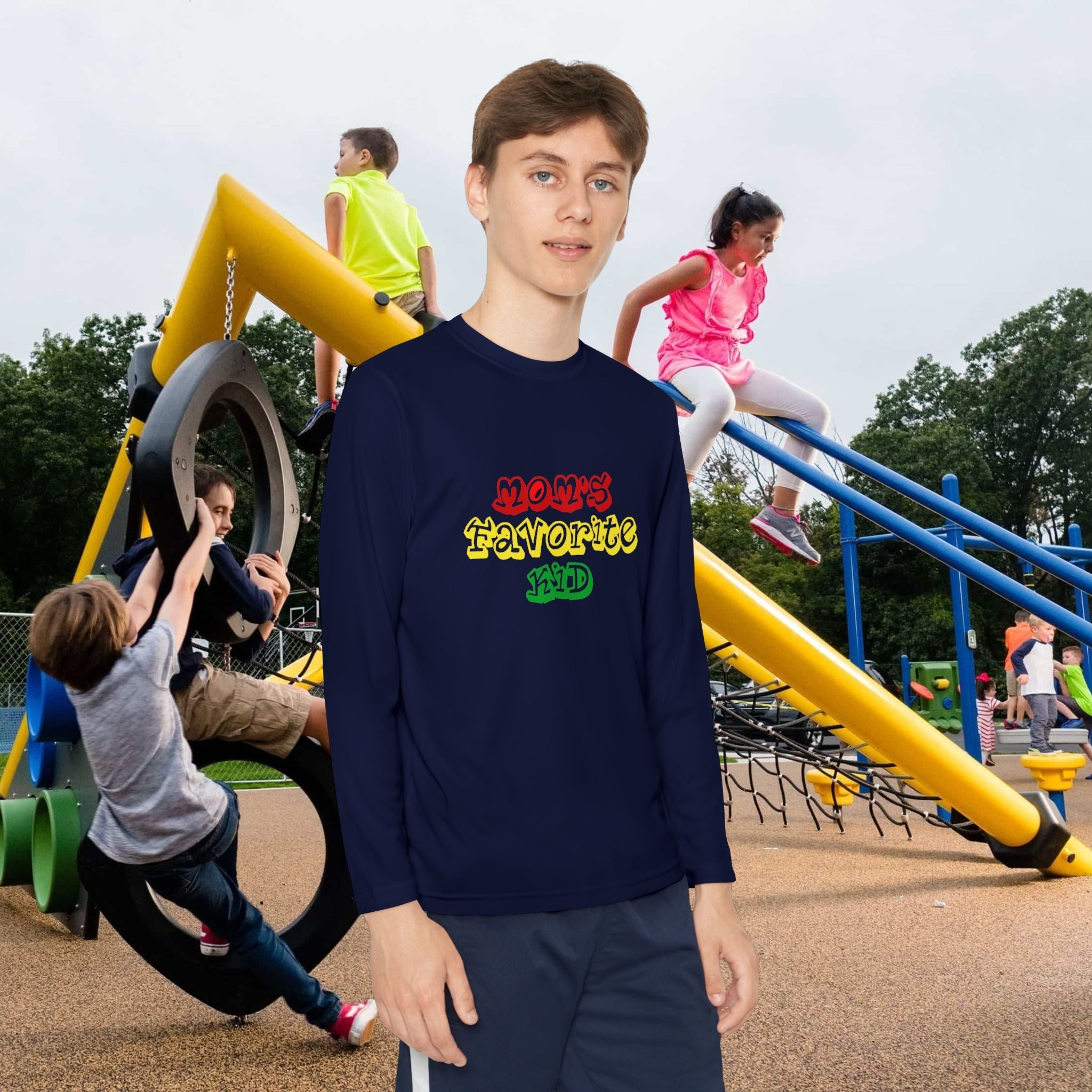 "Mom's Favorite Kid" Youth Long Sleeve Tee — Colorful Retro Graphic - 314 Originals