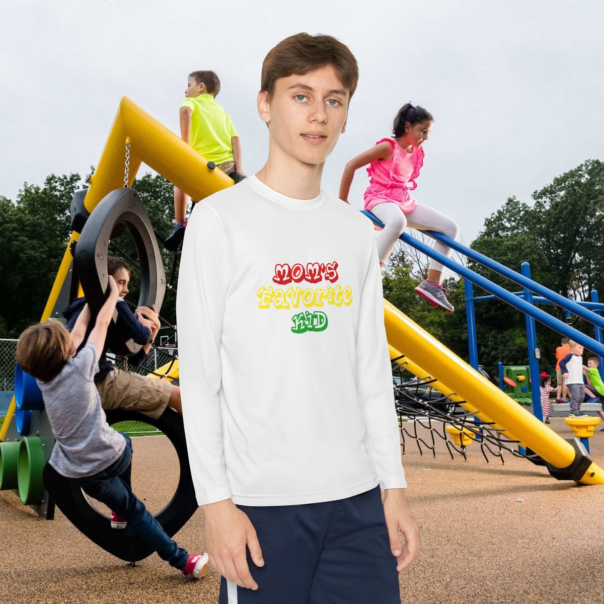 "Mom's Favorite Kid" Youth Long Sleeve Tee — Colorful Retro Graphic - 314 Originals