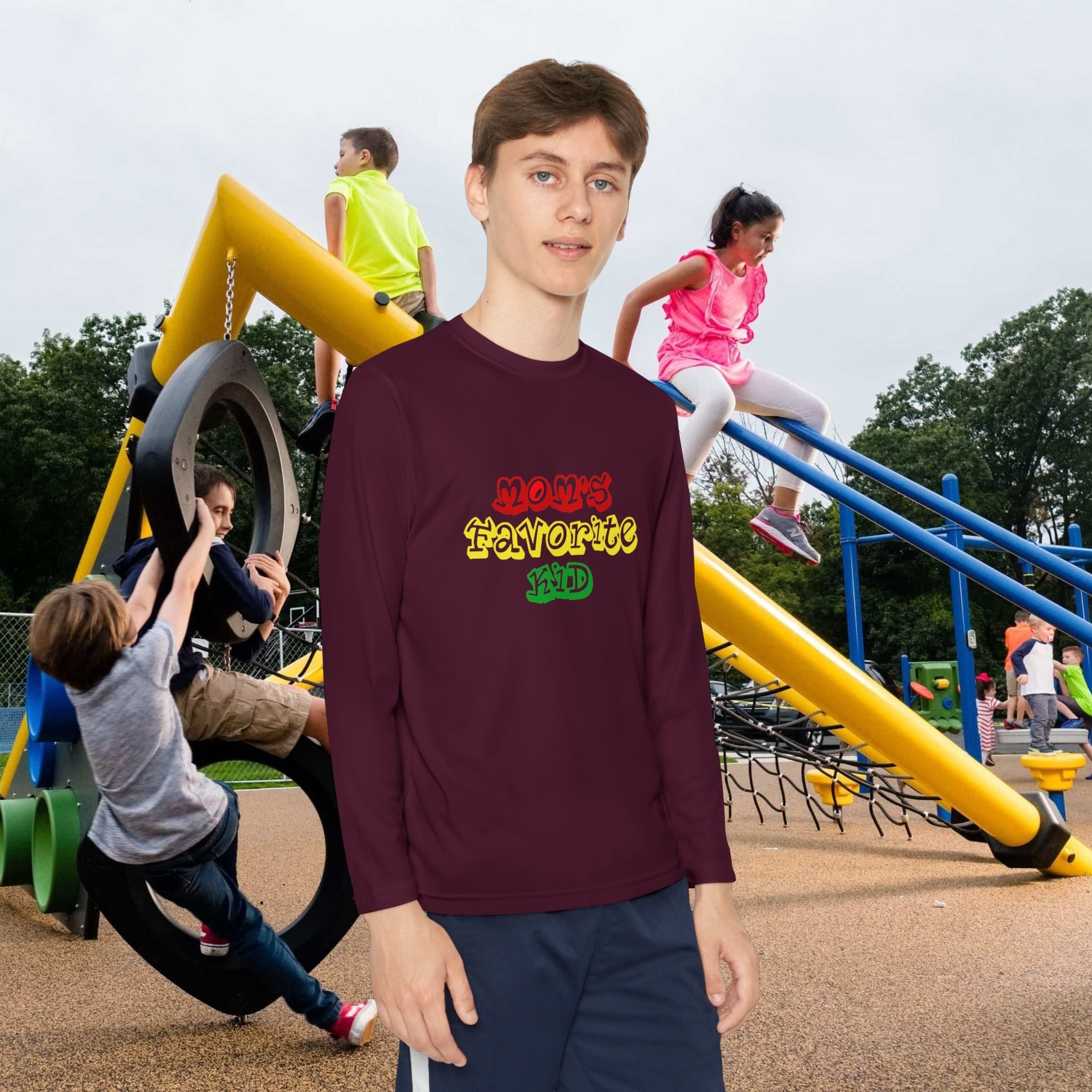 "Mom's Favorite Kid" Youth Long Sleeve Tee — Colorful Retro Graphic - 314 Originals