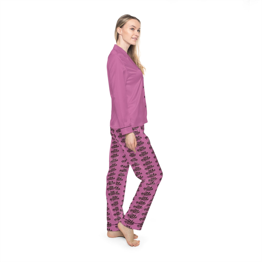 Pink Satin Pajama Set – All-Over Crown Print Women's Sleepwear - 314 Originals