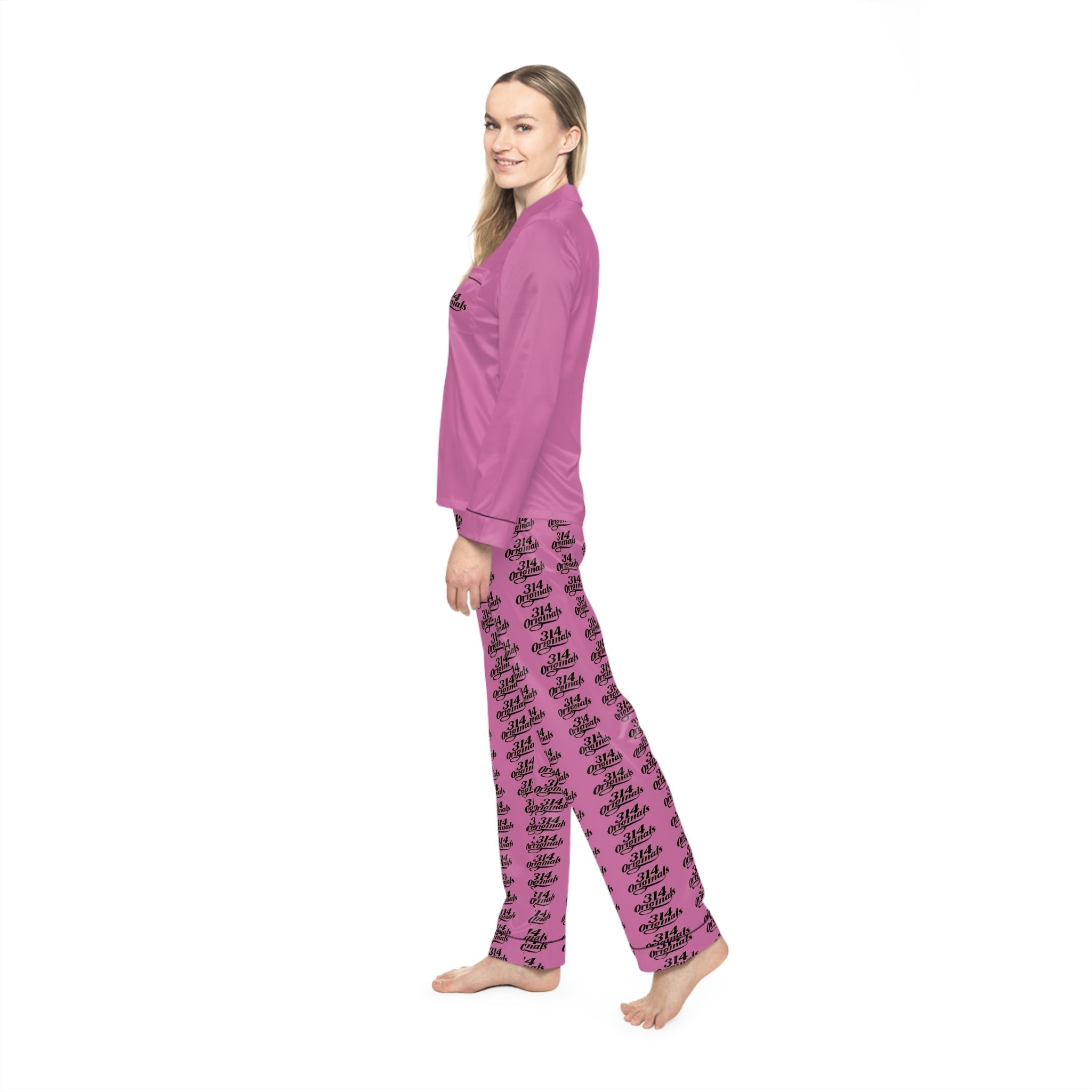 Pink Satin Pajama Set – All-Over Crown Print Women's Sleepwear - 314 Originals