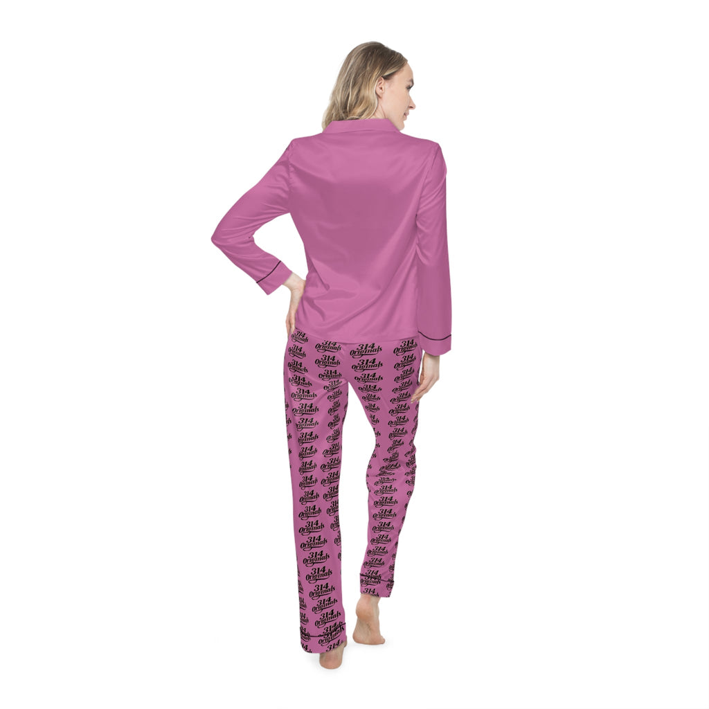 Pink Satin Pajama Set – All-Over Crown Print Women's Sleepwear - 314 Originals