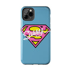 Sassy Superhero Tough Phone Case — Bold Pink & Yellow Emblem on Blue - 314 Originals