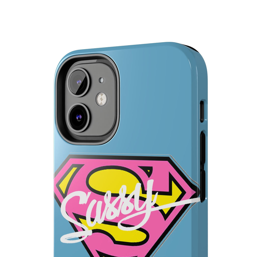 Sassy Superhero Tough Phone Case — Bold Pink & Yellow Emblem on Blue - 314 Originals