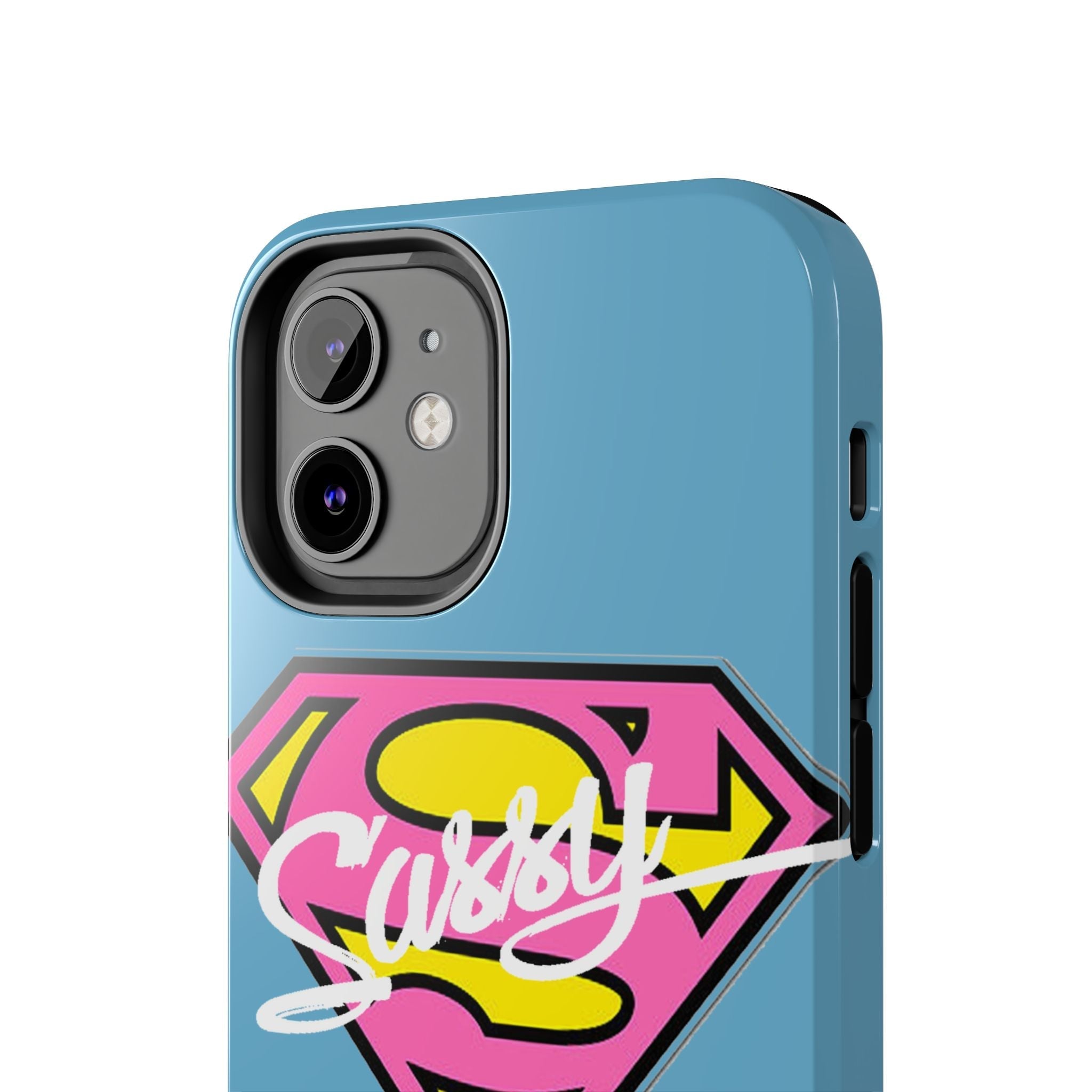 Sassy Superhero Tough Phone Case — Bold Pink & Yellow Emblem on Blue - 314 Originals