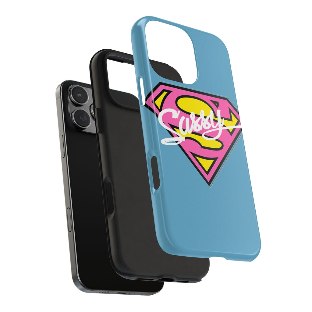 Sassy Superhero Tough Phone Case — Bold Pink & Yellow Emblem on Blue - 314 Originals