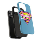 Sassy Superhero Tough Phone Case — Bold Pink & Yellow Emblem on Blue - 314 Originals