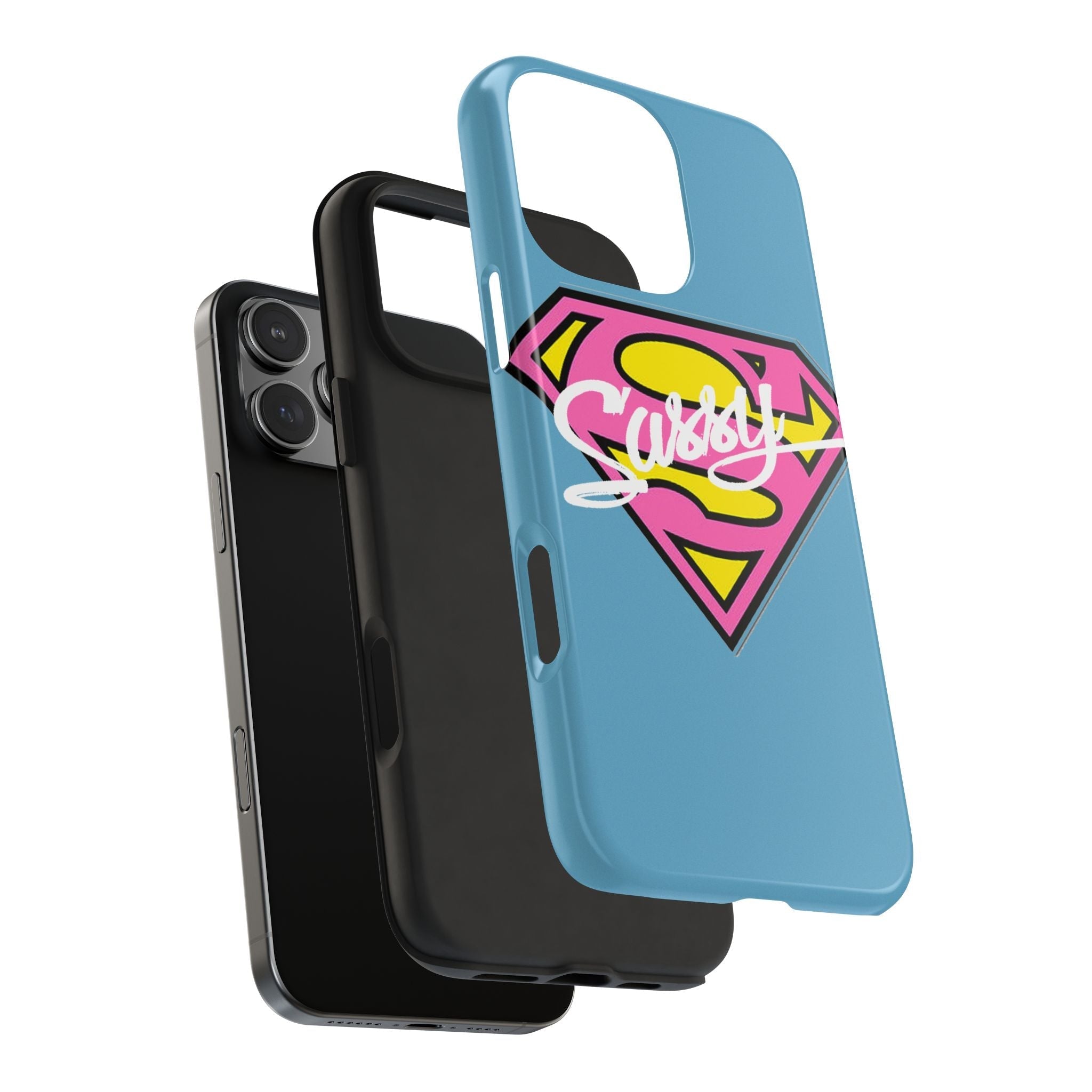 Sassy Superhero Tough Phone Case — Bold Pink & Yellow Emblem on Blue - 314 Originals