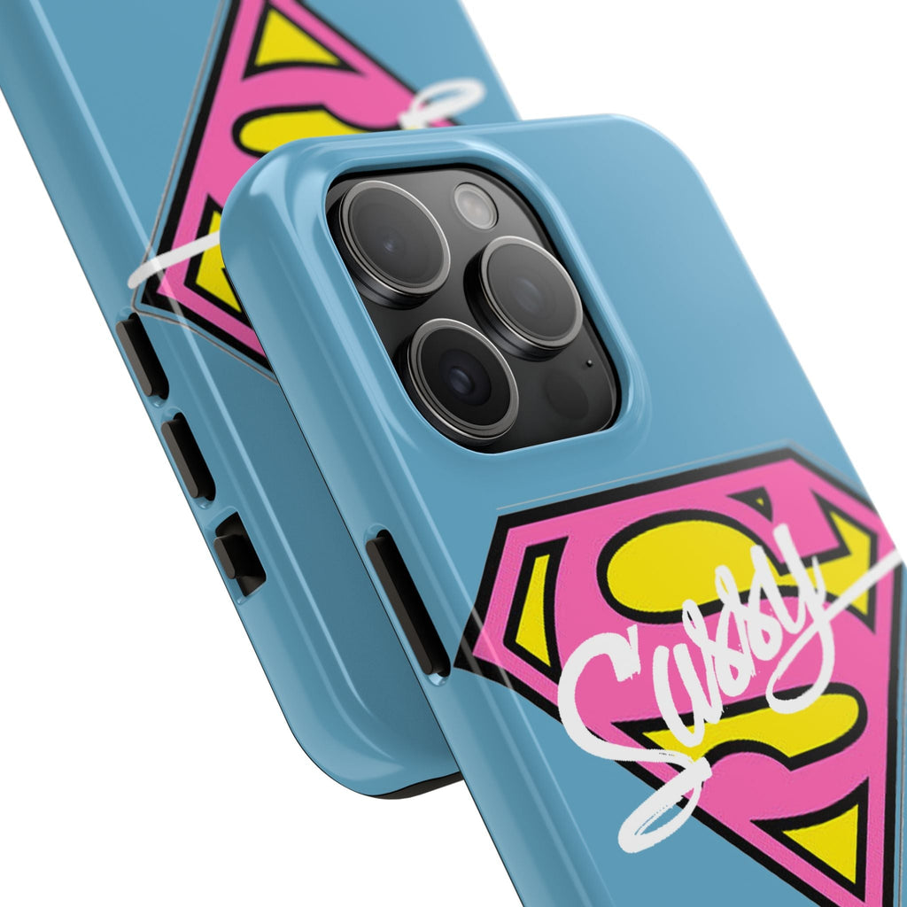 Sassy Superhero Tough Phone Case — Bold Pink & Yellow Emblem on Blue - 314 Originals
