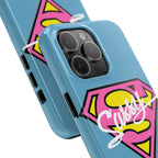Sassy Superhero Tough Phone Case — Bold Pink & Yellow Emblem on Blue - 314 Originals