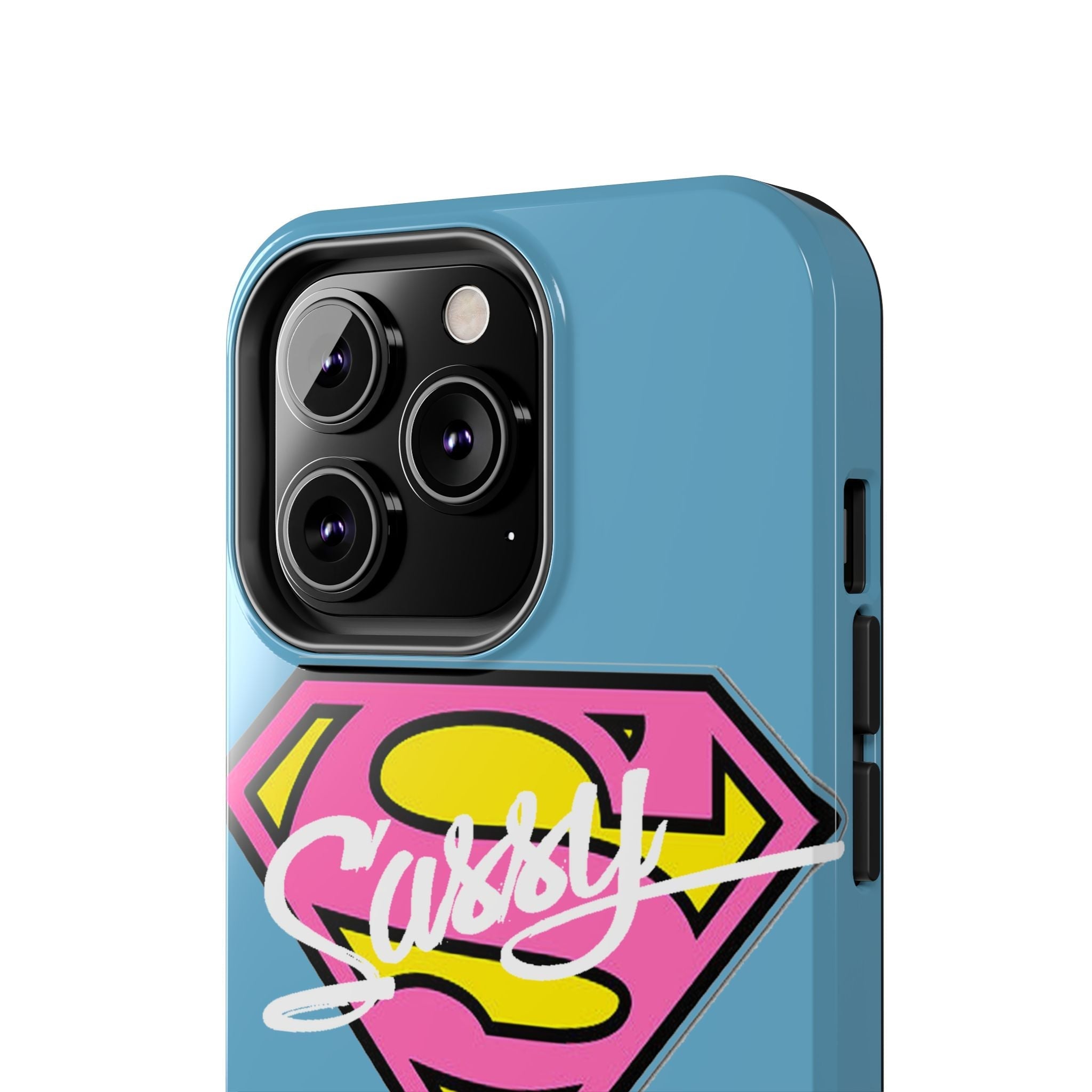 Sassy Superhero Tough Phone Case — Bold Pink & Yellow Emblem on Blue - 314 Originals