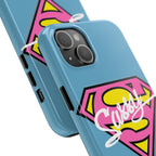 Sassy Superhero Tough Phone Case — Bold Pink & Yellow Emblem on Blue - 314 Originals