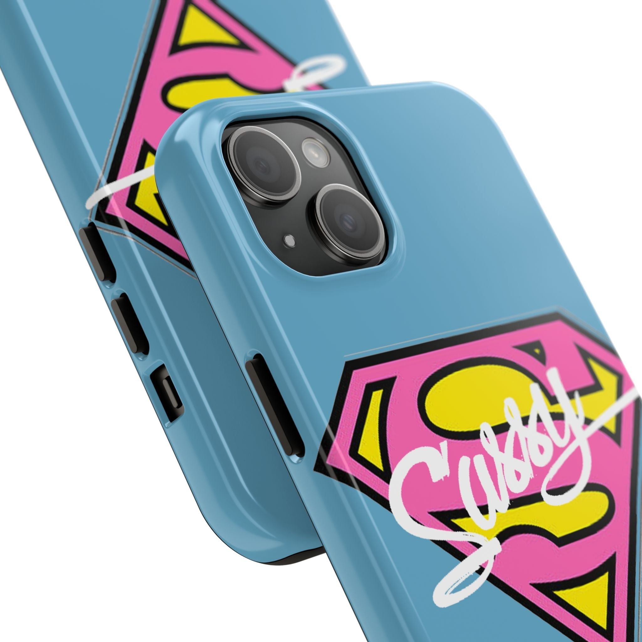 Sassy Superhero Tough Phone Case — Bold Pink & Yellow Emblem on Blue - 314 Originals