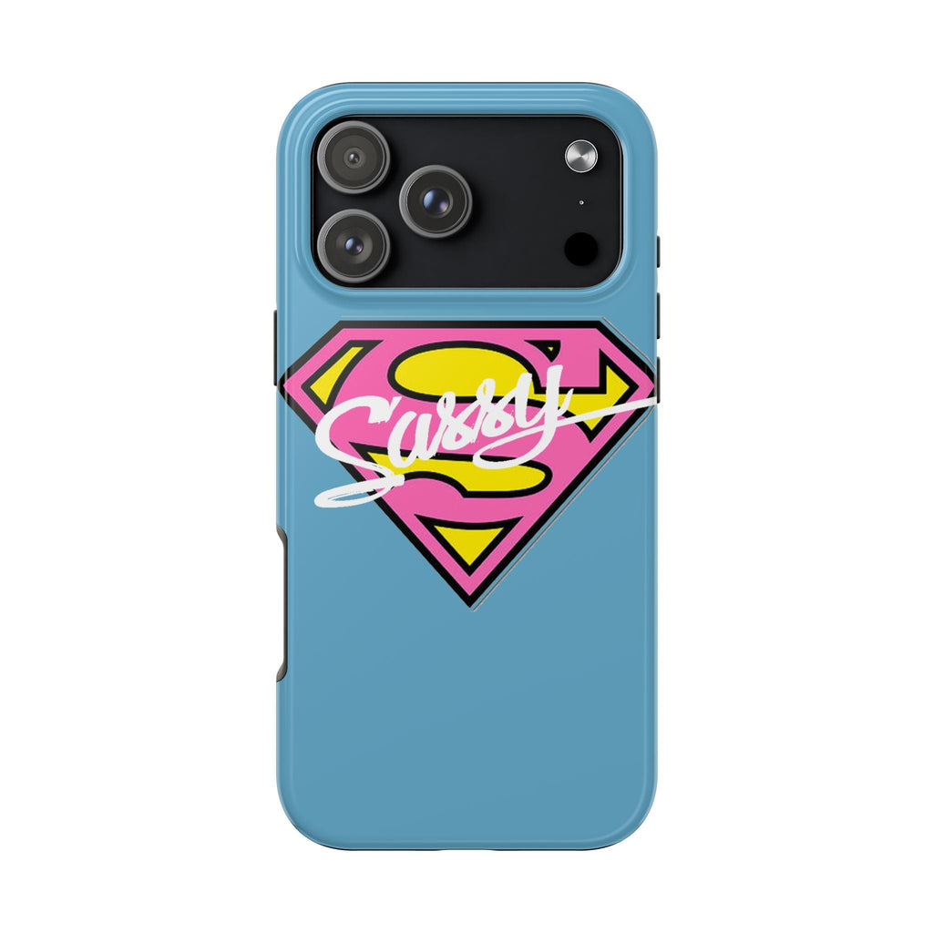 Sassy Superhero Tough Phone Case — Bold Pink & Yellow Emblem on Blue - 314 Originals