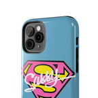 Sassy Superhero Tough Phone Case — Bold Pink & Yellow Emblem on Blue - 314 Originals