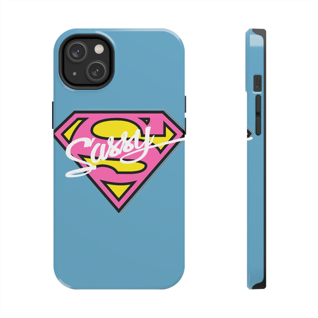 Sassy Superhero Tough Phone Case — Bold Pink & Yellow Emblem on Blue - 314 Originals