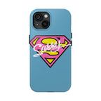 Sassy Superhero Tough Phone Case — Bold Pink & Yellow Emblem on Blue - 314 Originals