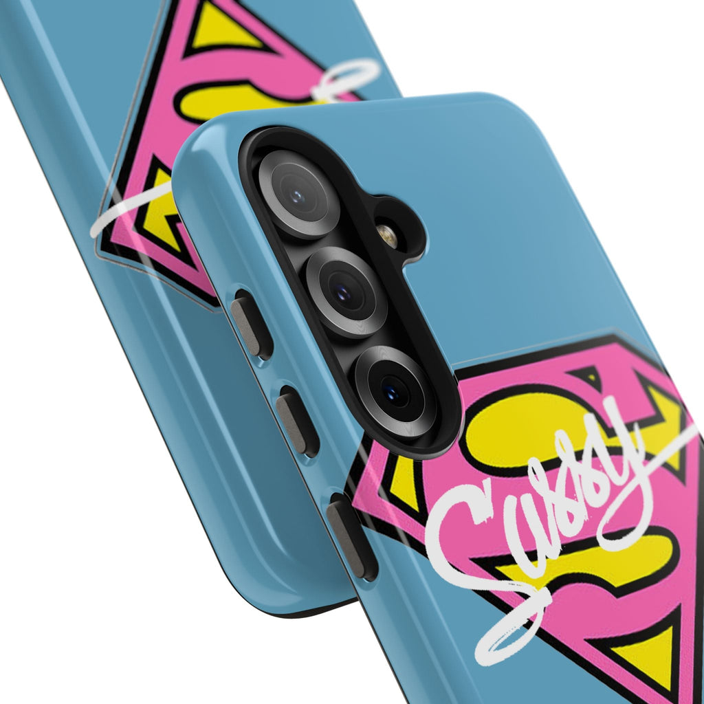 Sassy Superhero Tough Phone Case — Bold Pink & Yellow Emblem on Blue - 314 Originals