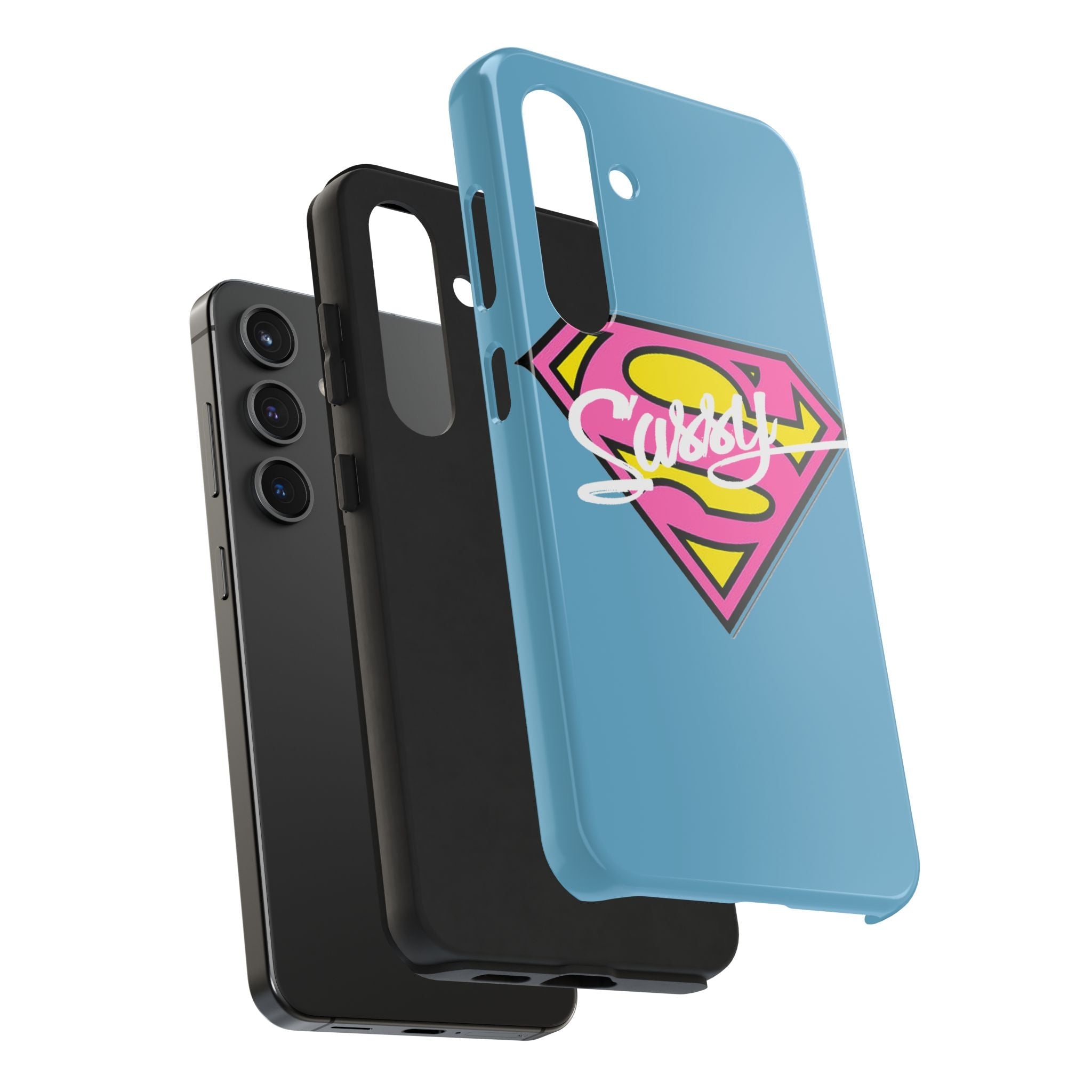 Sassy Superhero Tough Phone Case — Bold Pink & Yellow Emblem on Blue - 314 Originals