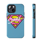 Sassy Superhero Tough Phone Case — Bold Pink & Yellow Emblem on Blue - 314 Originals