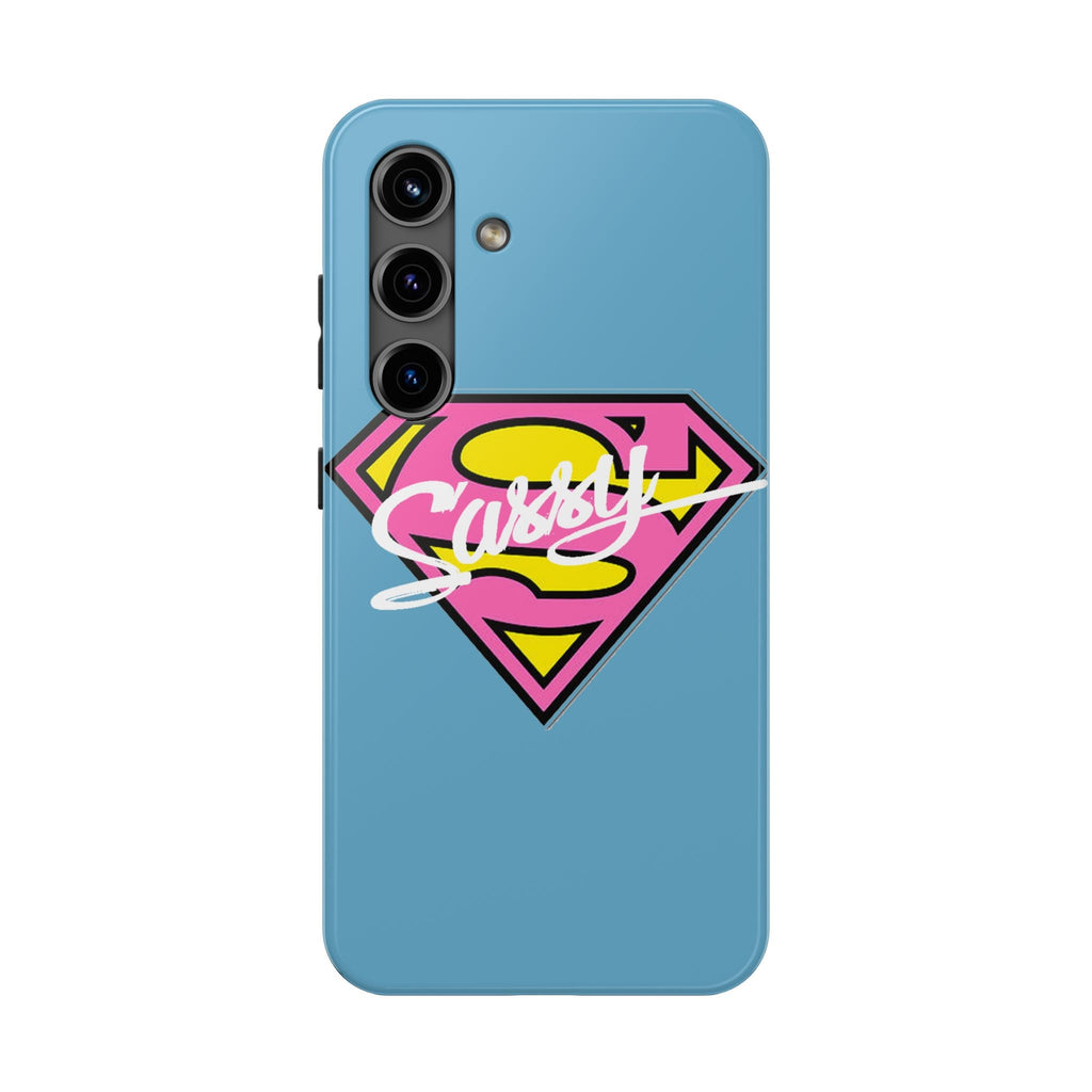 Sassy Superhero Tough Phone Case — Bold Pink & Yellow Emblem on Blue - 314 Originals