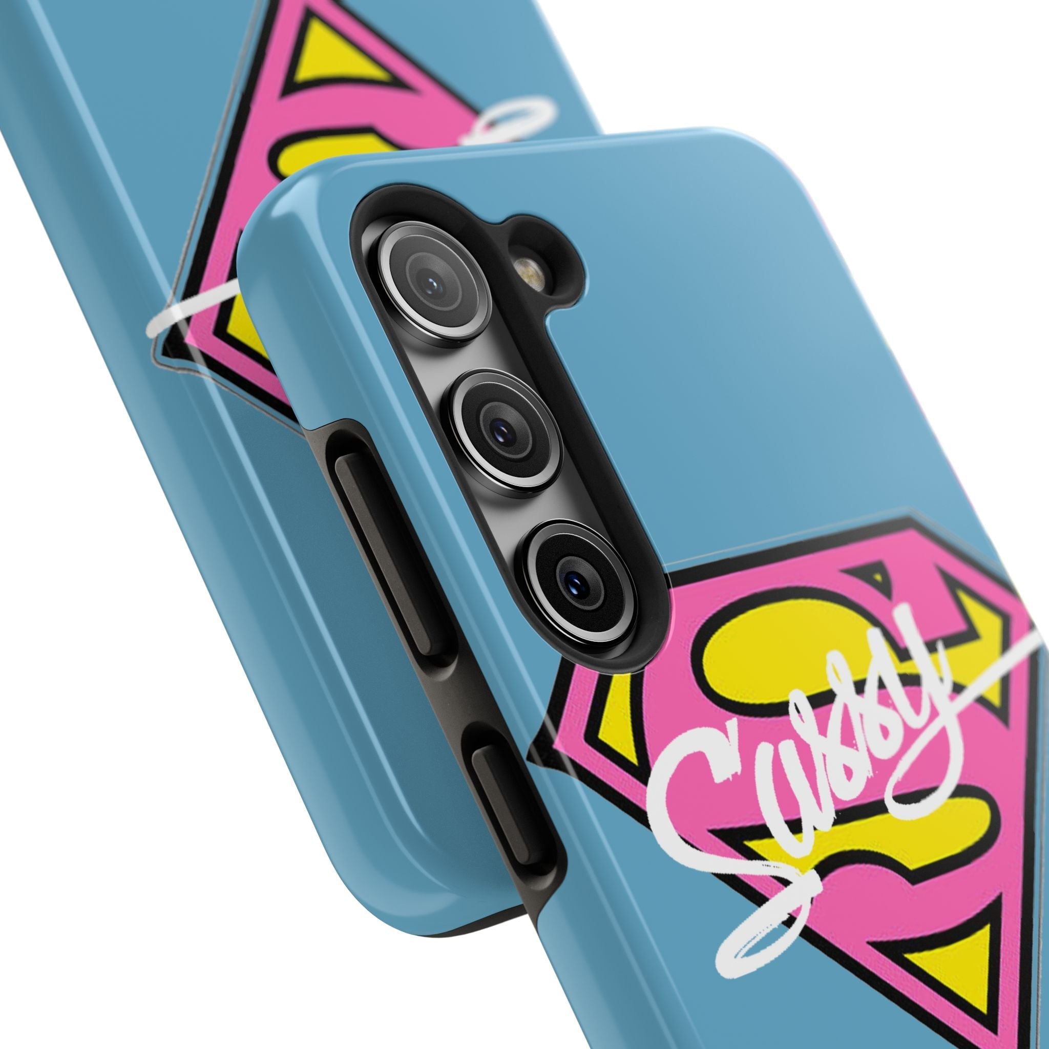 Sassy Superhero Tough Phone Case — Bold Pink & Yellow Emblem on Blue - 314 Originals