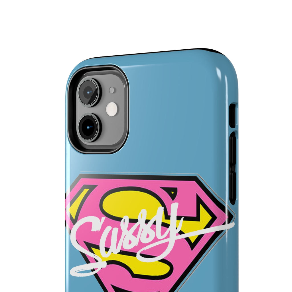 Sassy Superhero Tough Phone Case — Bold Pink & Yellow Emblem on Blue - 314 Originals