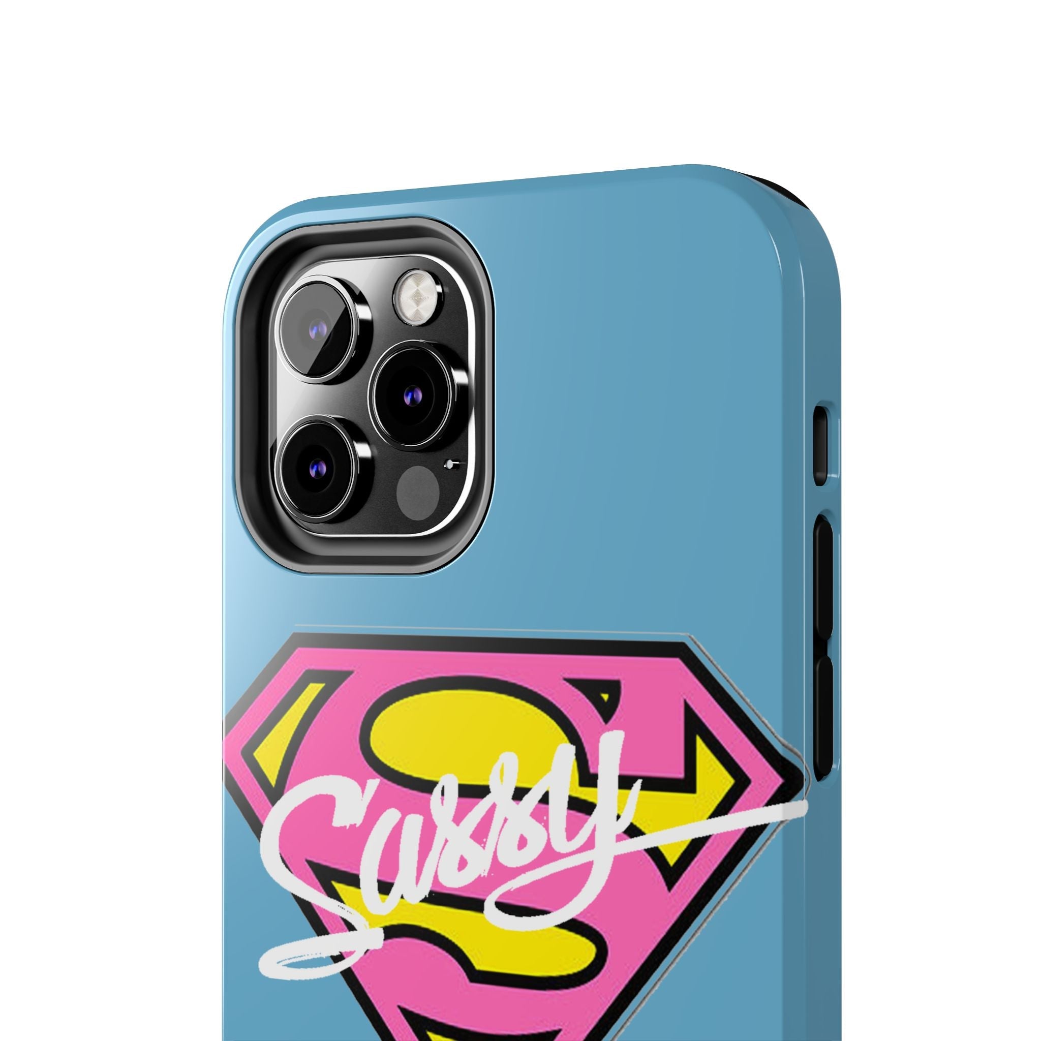 Sassy Superhero Tough Phone Case — Bold Pink & Yellow Emblem on Blue - 314 Originals