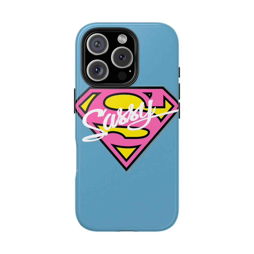 Sassy Superhero Tough Phone Case — Bold Pink & Yellow Emblem on Blue - 314 Originals