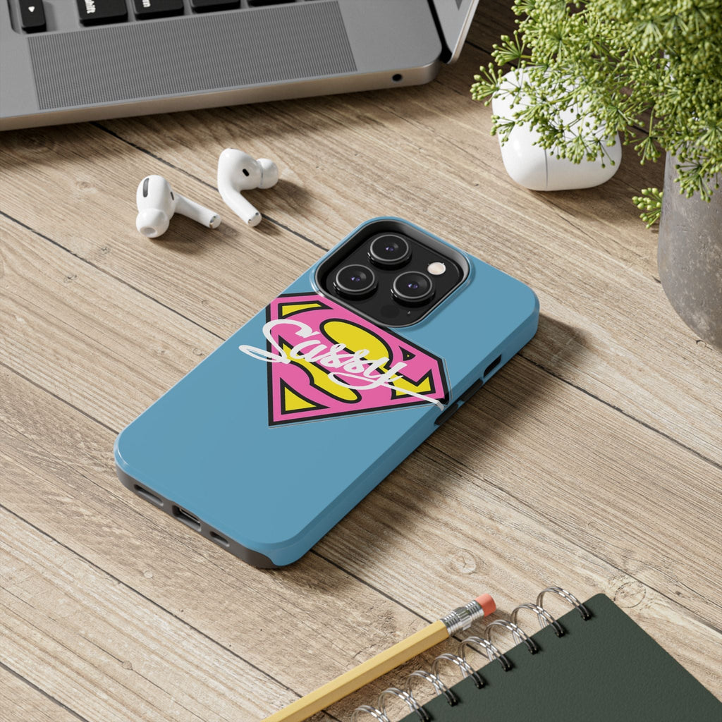 Sassy Superhero Tough Phone Case — Bold Pink & Yellow Emblem on Blue - 314 Originals